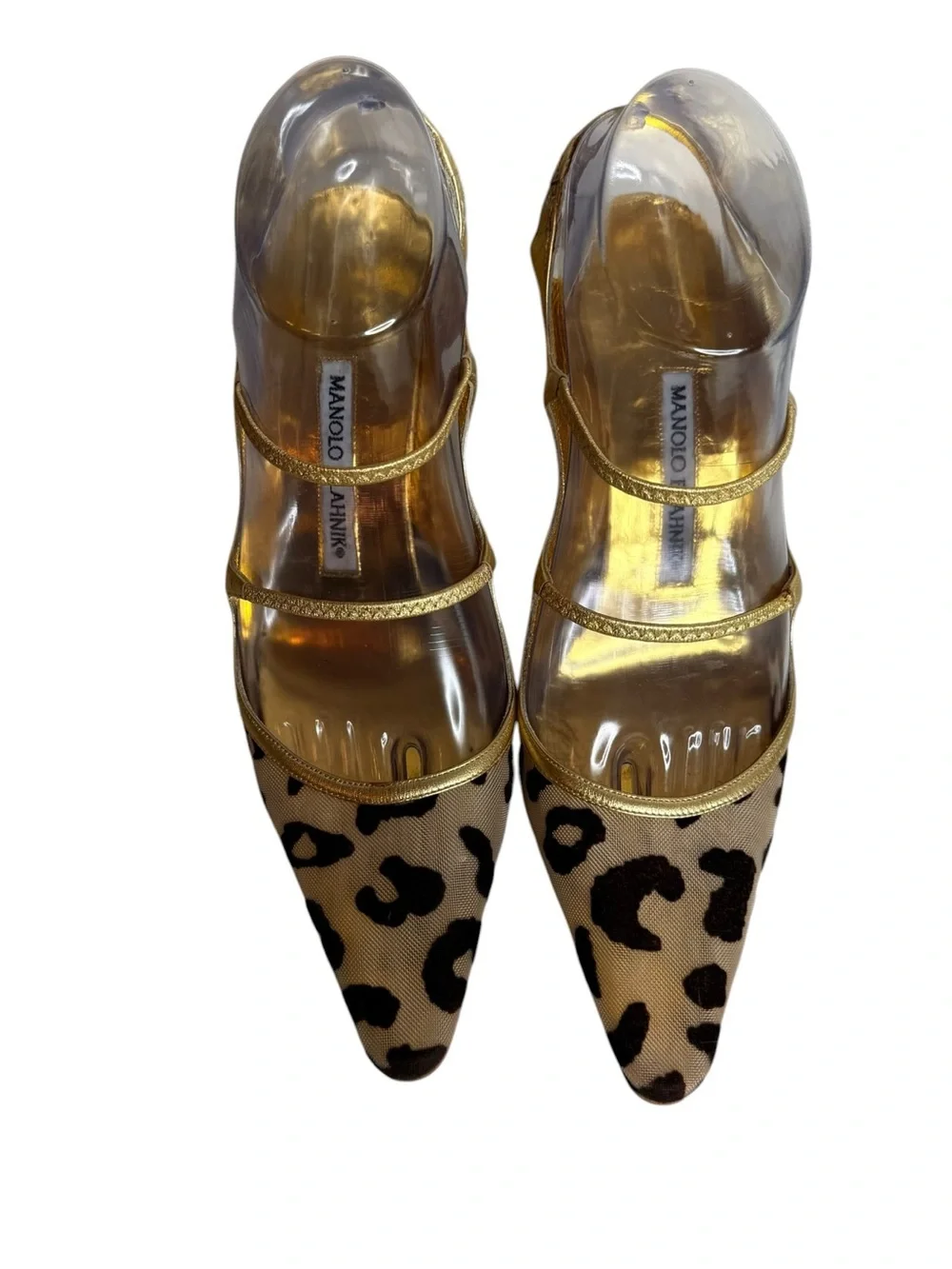 Manolo Blahnik Gold Metallic & Leopard Print Pumps Pointed Toe Heels Size 38